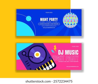 Horizontal Banner Illustration for Nightlife Club DJ Party in Flat Hand-Drawn Style
