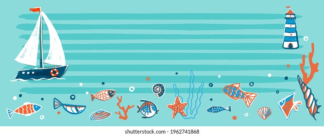 Horizontal banner. An illustration on a nautical theme. White sailboat on a strip of water with marine fauna.