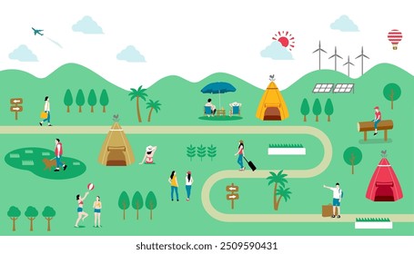 Ilustração de banner horizontal com motivos externos e de férias