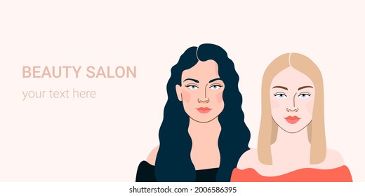Horizontal banner with illustration of woman face. Vector background with text space. Contour line illustration for beauty salons, cosmetics. 
