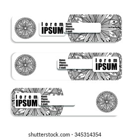 horizontal banner with the image of a Dreamcatcher and feathers hand drawn in the style of zentangle and Doodle