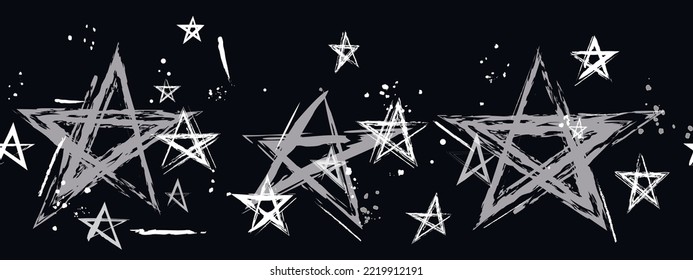 Horizontal banner with an imprint of a star of different sizes, white strokes with a brush and a pencil. Sketch monochrome on black background