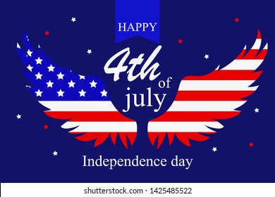 Horizontal banner for Independence Day of America. Happy 4th of July. Wings in the colors of the American flag. Symbol. Freedom. Vector illustration.