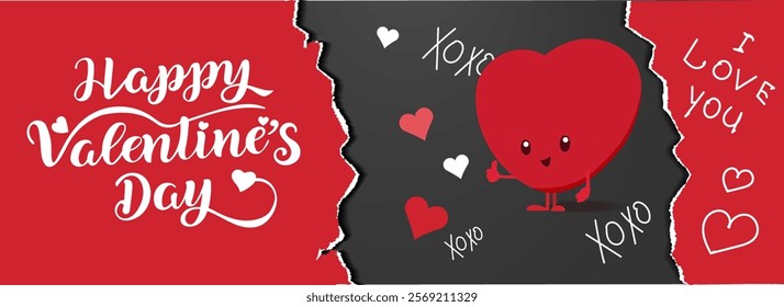 Horizontal banner with the inscription Valentine's Day with torn paper. Background for advertising, website, poster on February 14. Vector graphics