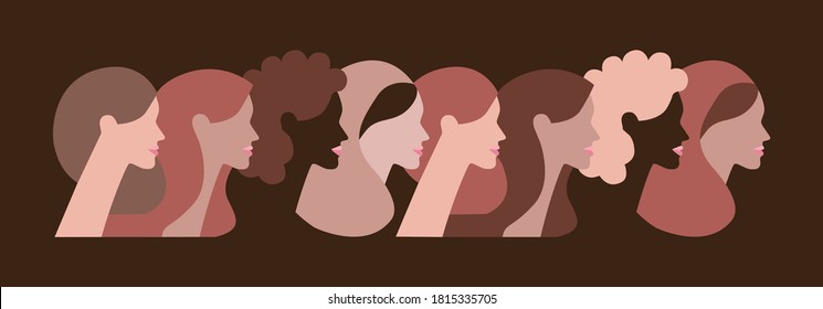 Horizontal Banner International women's day graphic in vector. Female diverse faces of different ethnicity. Women empowerment movement pattern. Struggle for freedom, independence, equality.