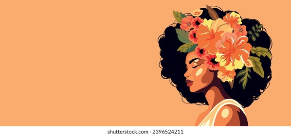 Horizontal banner with International Women's Day Beautiful flowers in your hair. Hairstyle. Vector concept of movement for gender equality and women's empowerment