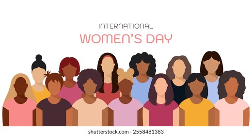 Horizontal banner for International Women's Day. It features a crowd of modern women of various nationalities and religions. Vector illustration.