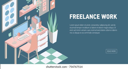 Horizontal banner with isometric desk, chair, computer, shelf, various furnishings and place for text. Modern interior. Freelance work, home office or workplace. Colorful vector illustration.