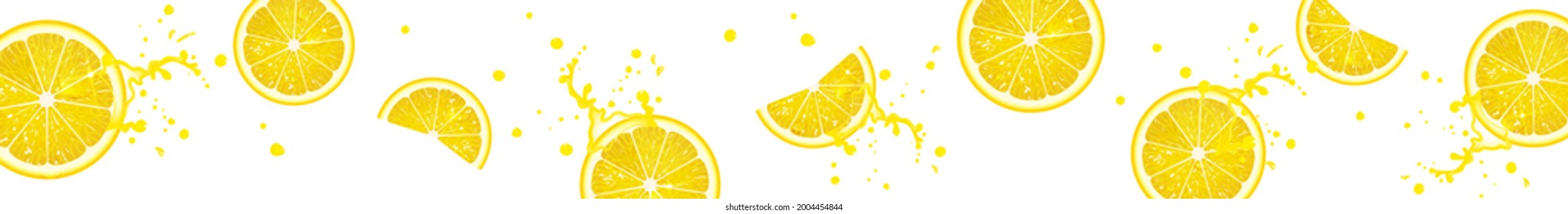 horizontal banner with juicy lemon slices on white background