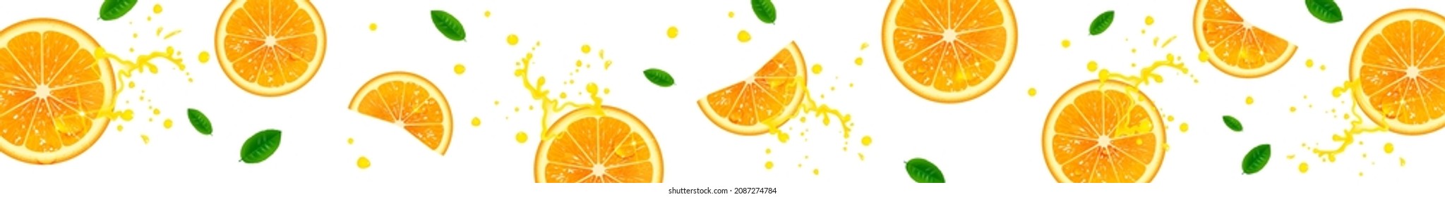 horizontal banner with juicy orange slices on white background