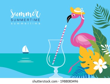 Horizontal banner with jungle exotic leaves, glass cocktail  and pink flamingo in hat . Sea landscape . Cartoon vector illustration, banner, art print . Hello summer bright background