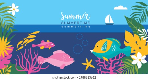 Horizontal banner with jungle exotic leaves, colors fishes, seaweed, marine life. Sea landscape, seagull. Cartoon vector illustration, banner, art print . Hello summer bright background