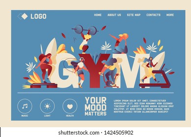 Horizontal banner or landing page for gym or sport training classes. Vivid characters doing cardio exercises, large word gym, greenery