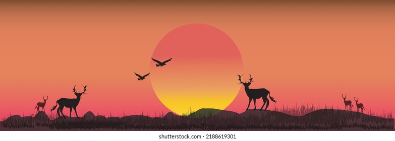 Horizontal banner of landscape. Doe and fawn on magic misty meadow. Silhouettes of  grass and animals. Pink and orange background, illustration. Bookmark. Kenya safari.