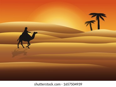 Horizontal banner. Landscape. The hot desert and the silhouette of a traveler on a camel. Stock vector graphics.