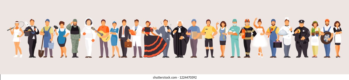 Horizontal banner with a large set of different professions. Labor day. Vector characters