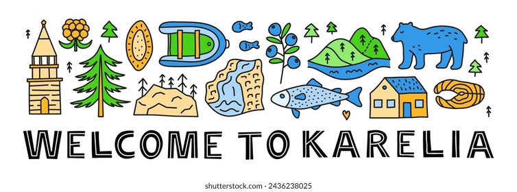 Horizontal banner with lettering and doodle colored Karelia landmarks and attractions including kizhi pogost, cloudberry, fish, flag, fir tree, etc isolated on white background.