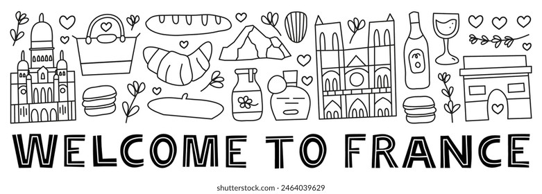 Horizontal banner with lettering and doodle outline France landmarks and attractions isolated on white background. Travel concept background.