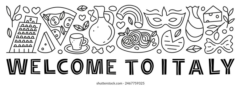 Horizontal banner with lettering and doodle outline Italia landmarks and attractions isolated on white background. Travel concept background.