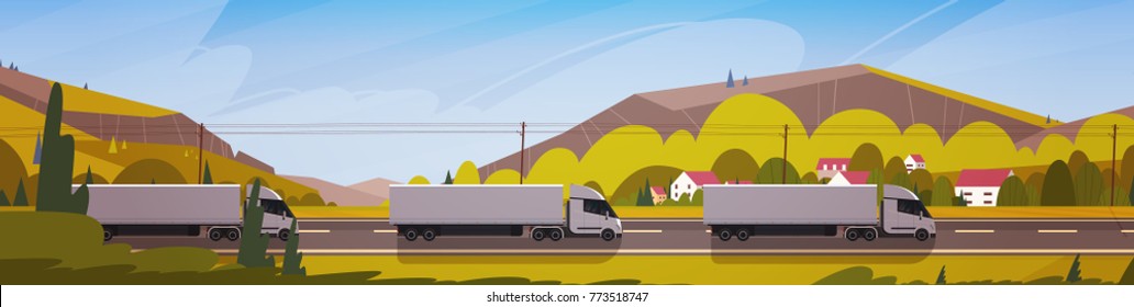 Horizontal Banner With LIne Of Cargo Truck Trailers Driving Road Over Mountains Landscape Vector Illustration