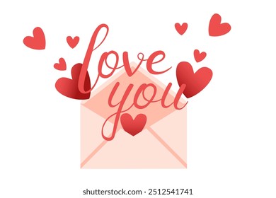 Horizontal banner with Love you lettering. Postal envelope with a heart, red hearts fly around. Greetings card design. Vector illustration isolated on white background