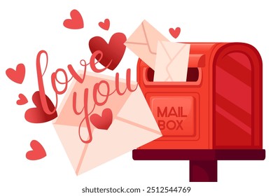 Banner horizontal com letras Love you. Envelope postal com um coração, corações vermelhos voam ao redor. Projeto de cartão de saudações com caixa de correio clássica vermelha. Ilustração vetorial isolada no plano de fundo branco