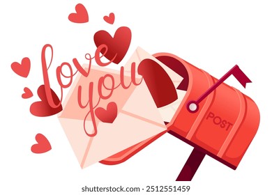 Horizontal Anuncio con letras Love you. Sobre postal con un corazón, corazones rojos vuelan alrededor. Diseño de tarjeta de felicitación con buzón rojo clásico. Ilustración vectorial aislada en blanco