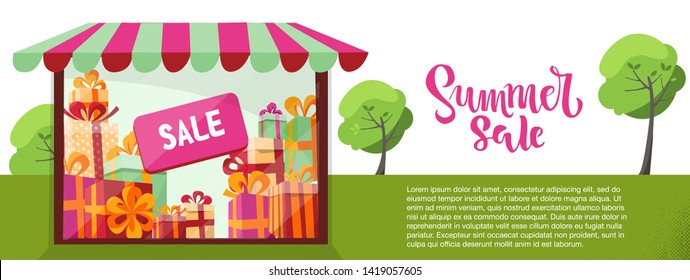 Horizontal banner with luminous Storefront in front of green trees. Gift boxes Sale inside. The window of the shop is decorated with a striped canopy. Summer sale lettering quote. Flat cartoon vector.