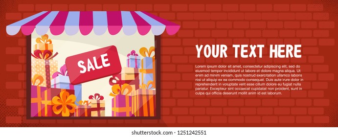 Horizontal banner with luminous Storefront in red brick wall with textures. Gift boxes Sale inside. The window of the shop is decorated with a striped canopy. Place for text. Flat cartoon vector