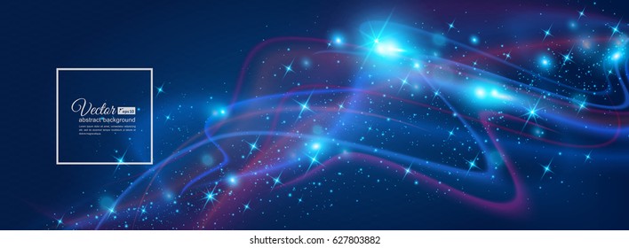 Horizontal banner with magical glowing waves and stars, glare of light. Transparent color waves. Background of glowing light effect. Eps 10 vector illustration.