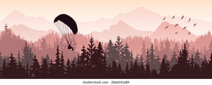 Horizontal banner. Magical misty landscape with paraglider and birds. Silhouettes of trees and mountains. Violet and pink illustration. 