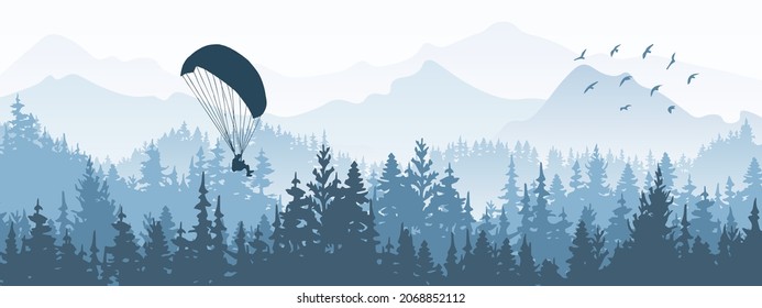 Horizontal banner. Magical misty landscape with paraglider and birds. Silhouettes of trees and mountains. Blue illustration. 
