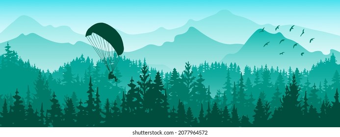 Horizontal banner. Magical misty landscape with paraglider and birds. Silhouettes of trees and mountains. Blue and green illustration. 