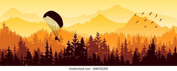 Horizontal banner. Magical misty landscape with paraglider and birds. Silhouettes of trees and mountains. Yellow, orange, brown illustration. 