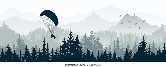 Horizontal banner. Magical misty landscape with paraglider and birds. Silhouettes of trees and mountains. Gray illustration. 