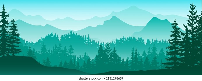 Banner horizontal. Magico paisaje de niebla. Silhouette de bosque y montañas, niebla. Fondo natural. Ilustración azul y verde. Marcador ​.