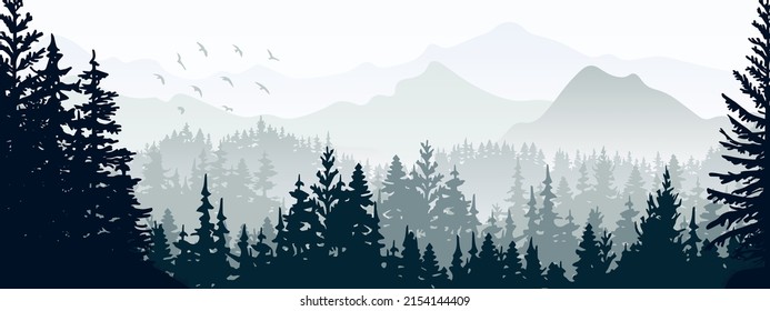 Horizontal banner. Magical misty landscape. Silhouette of forest and mountains, fog. Nature background. Gray and white illustration. ​Bookmark.