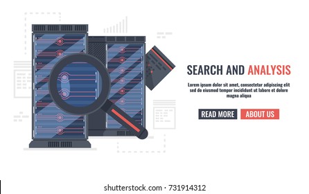 Horizontal banner with magnifying glass, file and server cabinet, information search concept 3d vector illsutration