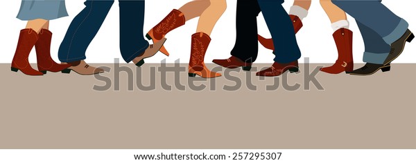 Horizontal banner with male and female legs in cowboy\
boots dancing country western, vector illustration, no\
transparencies 