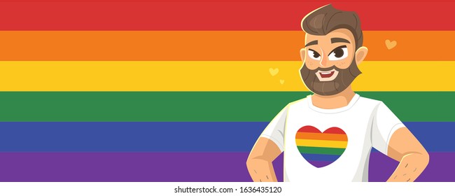 Horizontal banner with man in white t-shirt with heart, on LGBT flag background with empty space. Vector illustration