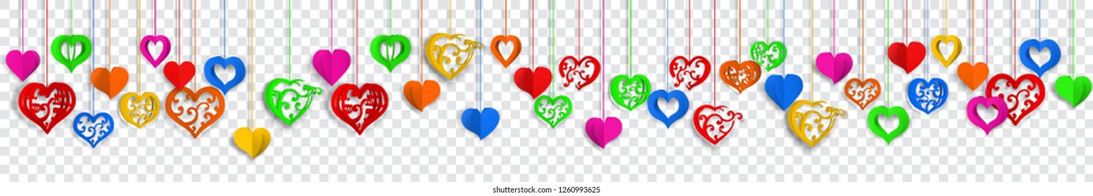 Horizontal banner with many colored hanging paper volume hearts with curls, on transparent background