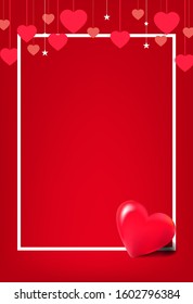 Horizontal banner with many red hanging hearts on red background. Vector decorative hearts with big voluminous heart for greeting cards Valentines day