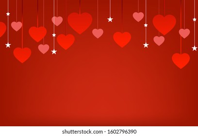 Horizontal banner with many red hanging hearts on background. Vector decorative hearts for greeting cards, for website design