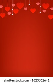 Horizontal banner with many red hanging hearts on red background. Vector decorative hearts with for greeting cards Valentines day