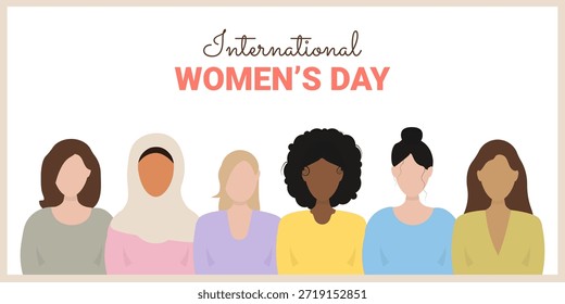 Banner horizontal para 8 de março. Cartão postal com um conjunto de mulheres sem rosto de diferentes nacionalidades e religiões. Dia Internacional da Mulher. Ilustração vetorial.