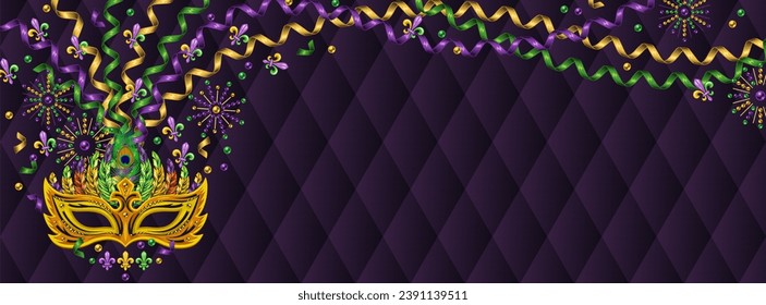 Horizontal banner with mask, spiral ribbons, party streamer,copy space Ticket, invitation design for carnival, party Advert illustration Layout, template for social media, web sites Header size