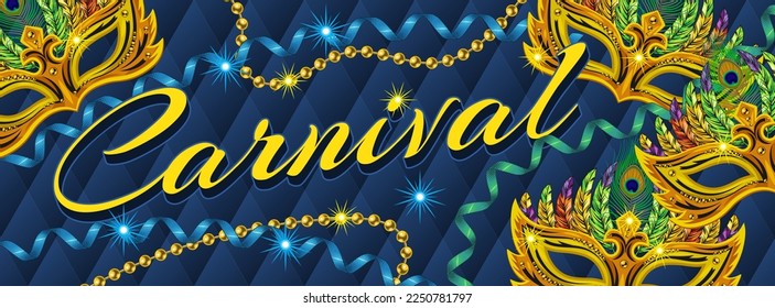 Horizontal banner with masks, spiral ribbons, string of beads, feathers, shiny stars, text. Classic volume rhombic grid on background. Ticket, invitation design for carnival, party in vintage style