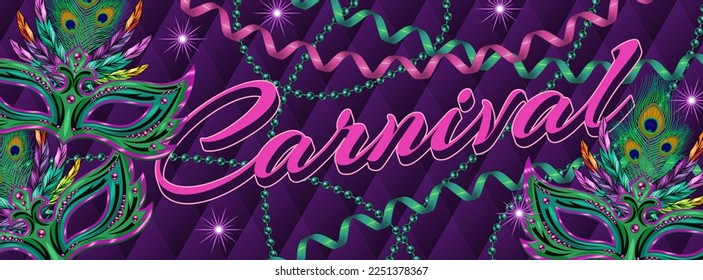 Horizontal banner with masks, spiral ribbons, string of beads, feathers, shiny stars, text. Classic volume rhombic grid on background. Ticket, invitation design for carnival, party in vintage style