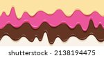 Horizontal banner with melting cream strawberry chocolate sauce. Seamless pattern border with donut glaze, caramel elements for desserts or cafeteria menu, shop or bakery. Vector isolated on white 