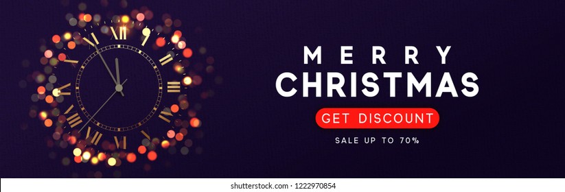 Horizontal banner with Merry Christmas and Happy New Years. Background with shining vintage golden clock, bright glowing gold lights bokeh. 